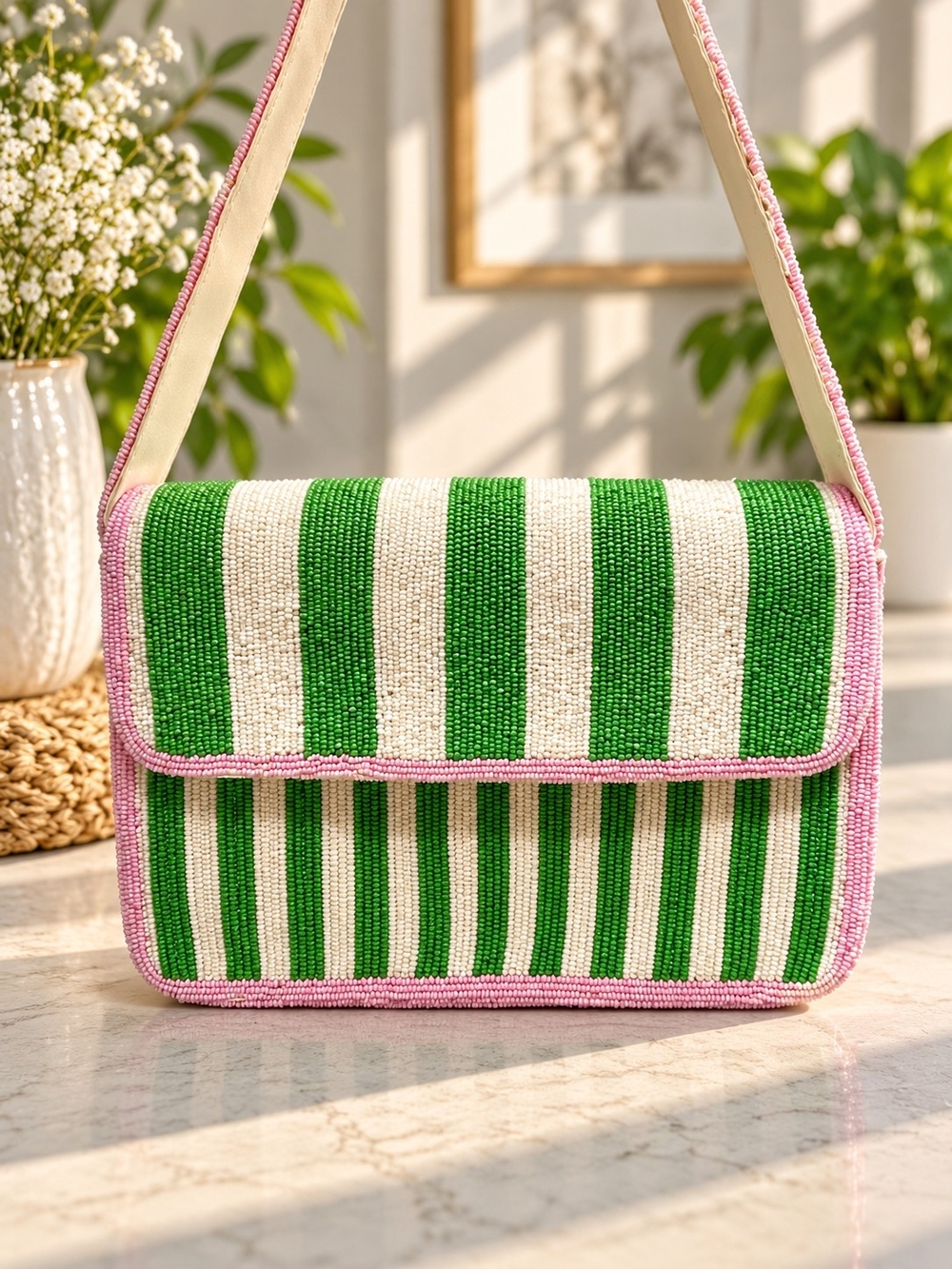 Viral TJ Maxx Beaded Stripe Shoulder Bag Pink & Green